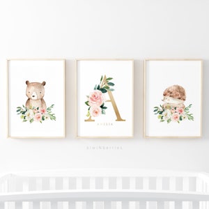 Boho nursery name, Baby shower gift, Baby girl wall art, Personalized prints, Blush pink and gold, Floral initial pint - Custom name art
