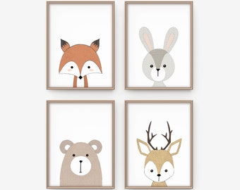 woodland nursery decor, Animal prints, Gender neutral art, Woodland nursery, Animal printable,Fox bear deer rabbit,Nursery animals set print