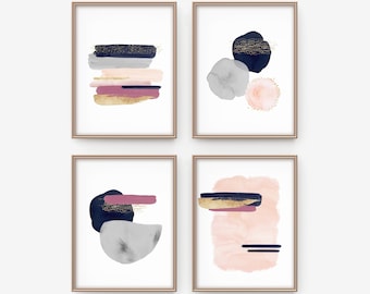 Blush Pink & Navy Abstract Watercolor Art Print (Digital Download)
