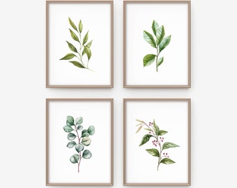 Botanical print set, Botanical illustration, Farmhouse decor, Botanical wall art, Leaves watercolor, Printable botanical set, Greenery art