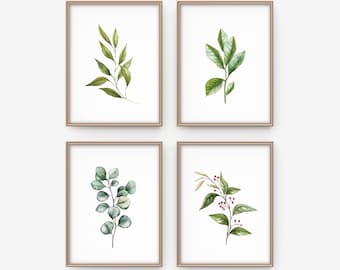 Botanical Print Set: Watercolor Leaves, Farmhouse Wall Art (Digital Download)