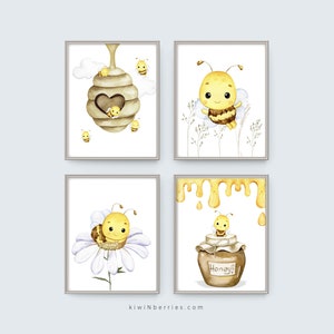 Honigbiene Druck 4er Set, Neutrales Kinderzimmer Dekor, DIY Babyzimmer, Bienen Zeichnung Illustration, Bienen Druckbare Kunst, Bienen Poster, Gelb blau Kinderzimmer