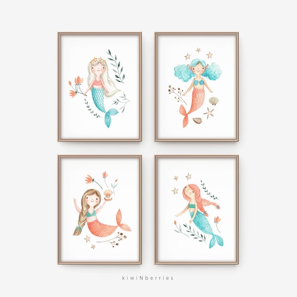 Quirky Mermaid print, Girls room wall art, Mermaid printable art, Girls printable decor, Mermaid poster, Blue turquoise teal orange