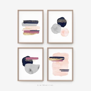 Abstract Watercolor print, Printable Abstract Art, Abstract Print, Blush pink navy gold, Abstract Art Print, Brush Stroke Art, Room Decor