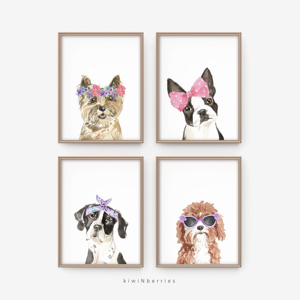 Kids printable art, Girl's room decor, Dog printable art, Kids room wall art, Cute dogs print, Dogs with bows flowers, Cool prints for kids