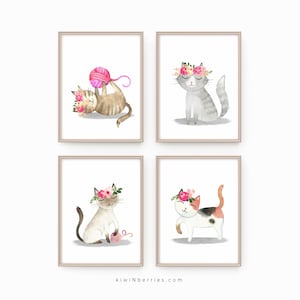 Cute Cat Prints, Set of 4 Prints, Watercolor Art, Digital Printable, Cat Posters, Girl Room Decor, Nursery Cat Lovers, Fun Art Prints image 1