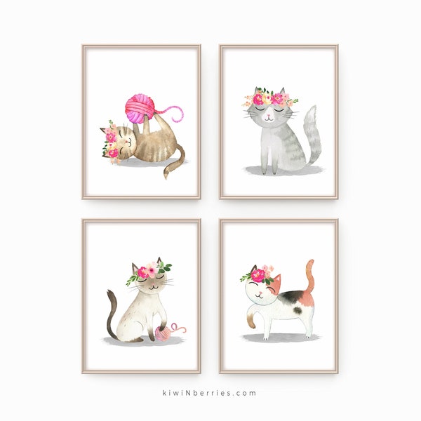 Cute Cat Prints, Set of 4 Prints, Watercolor Art, Digital Printable, Cat Posters, Girl Room Decor, Nursery Cat Lovers, Fun Art Prints