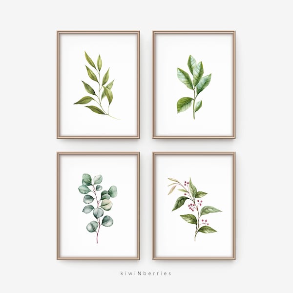 Botanical Print Set: Watercolor Leaves, Farmhouse Wall Art (Digital Download)