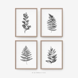 Leaf art set - Watercolor leaves wall art - Black and white prints - Minimalist decor - Minimalist gallery wall - Fern leaves art