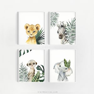 Boy Nursery Decor, Baby animals prints, Jungle art print, Botanical prints for kids, Printable nursery art, Safari Jungle, Tropical leaves