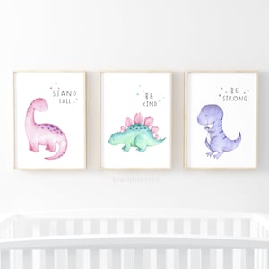 Dinosaur Prints for Girls, Pink watercolor Dinosaur, Printable art set, Dinosaur art prints, Dinosaurs for girls, Girls room decor DIY