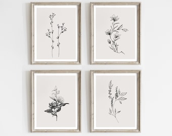 Set of 4 Natural Prints, Botanical Sketch Prints, plants and herbs Drawing, Neutral Sketch Art Printable, Farmhouse Decor,Flower Sketch Art