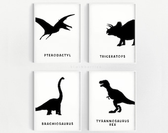 Black and white dinosaur prints - Monochrome decor - Dinosaur art prints - Dinosaur print set - Dinosaur names - Pterodactyl brachiosaurus