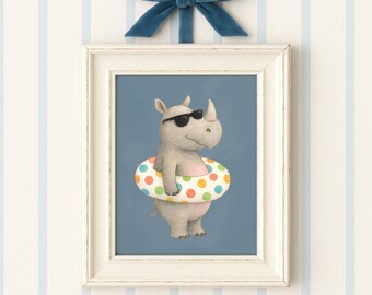 Rhino in a Floaty Poster | Funny Kids Room Print, Digital Download