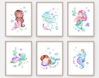 Girls room decor, Mermaid prints, Inclusive wall art, Printable art for girls, Mermaid nautical sea wall art, Ocean themed room, Sea Animals