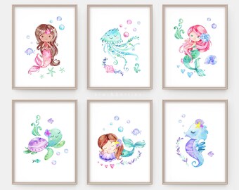 Girls room decor, Mermaid prints, Inclusive wall art, Printable art for girls, Mermaid nautical sea wall art, Ocean themed room, Sea Animals