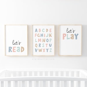 Vamos a leer Vamos a jugar a imprimir, Arte de pared imprimible, Conjunto de 3 impresiones, Decoración neutral de guardería, Carteles Montessori, Aprendizaje educativo en casa