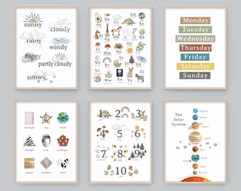 May include: Set of six printable posters for kids featuring illustrations of weather, alphabet, days of the week, numbers, shapes, and the solar system. The posters have a watercolor style with a neutral color palette.