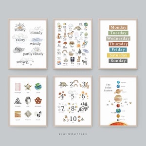 Conjunto de 6 carteles educativos,Decoración del aula Montessori,Imprimibles educativos,Juego de impresión de aprendizaje,Imprimibles de la escuela en el hogar,Impresiones de arte de la sala de juegos