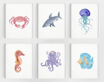 Set of 6 sea watercolor collection - Sea themed nursery - Ocean prints - Ocean creatures - Ocean themed nursery - Nursery decor - kids room