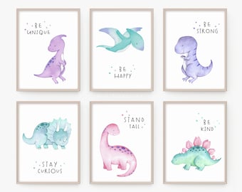 Set of 6 Dinosaur prints, Dinosaur girl wall art, Pink purple teal, Girls room decor, Printable girl affirmations,Dinosaur nursery,Girls art