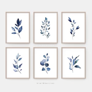 Indigo Blue Botanical Prints, Navy Blue branches and leaves, Botany art prints, Botanical posters, Navy blue wall art, Indigo blue decor