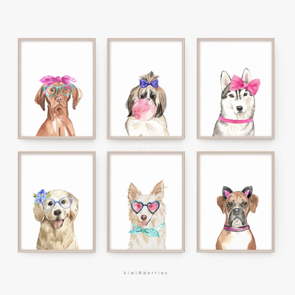 Girl Room Decor, Puppy Prints, Fun Printables for Girls, Dog illustration, Girly Dogs Posters, Dog with bows and glasses, Playroom wall art