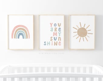 Set of 3 Prints, Rainbow, Sun, You are My Sunshine printable, Neutral Nursery Decor, Rainbow colors, Baby room wall art, You are My Sunshine