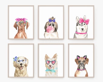 Printable Puppy Wall art, Toddler Girls Decor, Dogs with Bows Flowers, Pink Dogs Print, Cute Sweet Prints, Fun Printables