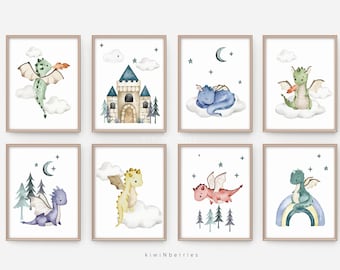 Nursery printable art set, DIY nursery decor, Dragon prints, Mythical creatures, Castle and dragons nursery art, Fairytale baby dragons