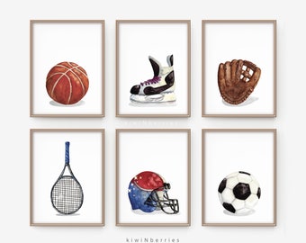 Sportieve aquarelkunstafdrukken: jongenskamerdecoratie (digitale download)