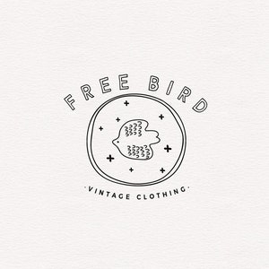 Bird logo design, Hand drawn logo, Circle logo, Organic logo, Hand drawn design, Quirky dots bird, Black and white, Outline font, Bird stars