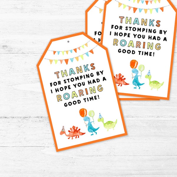 Dinosaur thank you cards -  Thanks for stomping by - I hope you had a roaring good time - Thank you tags - Favor bags - Dinosaur cards
