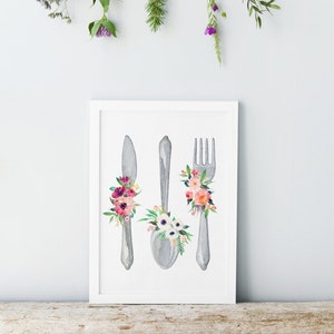 Kitchen silverware print - Spoon fork and knife - Kitchen prints - Watercolor art - Kitchen decor - Floral kitchen print - shabby kitchen