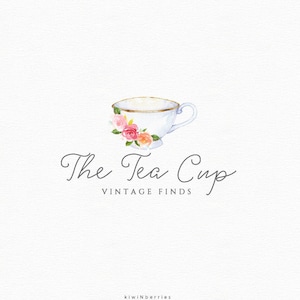 Tasse Logo, Florales rosa Logo, Kaffeetasse, Teetasse, Vorgefertigtes Logo Design, Preisgünstiges Branding, Aquarell Logo, Logo für Vintage Shops