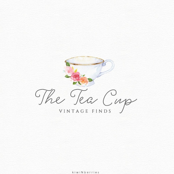 Cup logo, Floral pink logo, Coffee cup, tea cup, Premade logo design, Inexpensive Branding, watercolor logo, logo for vintage shops