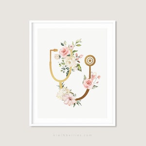 Stethoskop Drucke, Medizinische Kunstdrucke, Krankenschwester oder Arzt Geschenk, Gold mit Blumen, Arzt Büro Wand dekor, Stethoskop Poster, Medizinische Kunst