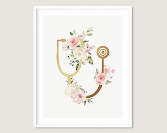 Bloemenstethoscoopprint: gouden medische kunst, dokterscadeau (digitale download)