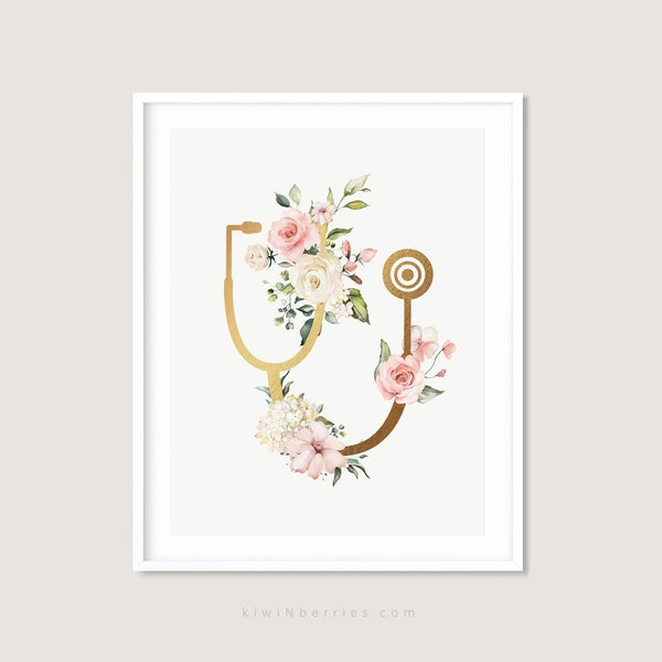 Stethoscope Prints, Medical Art Prints, Nurse or Doctor Gift, Gold with Flowers, Doctors Office wall decor, Stethoscope Poster, Medical Art