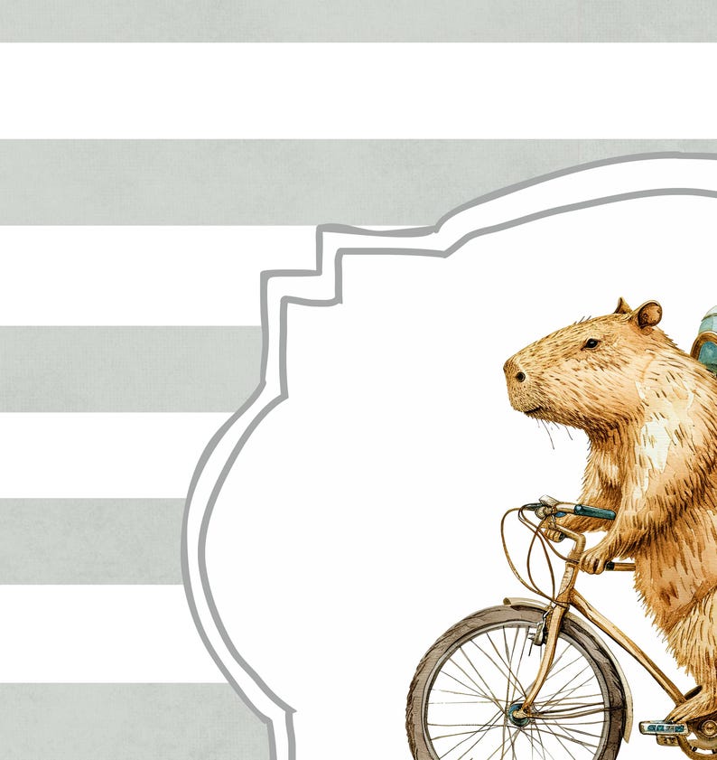 May include: A watercolour illustration of a capybara riding a bicycle on a white background with grey stripes. The capybara is brown and has a white helmet on its head.