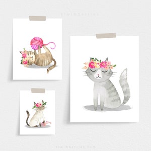 Cute Cat Prints, Set of 4 Prints, Watercolor Art, Digital Printable, Cat Posters, Girl Room Decor, Nursery Cat Lovers, Fun Art Prints image 4