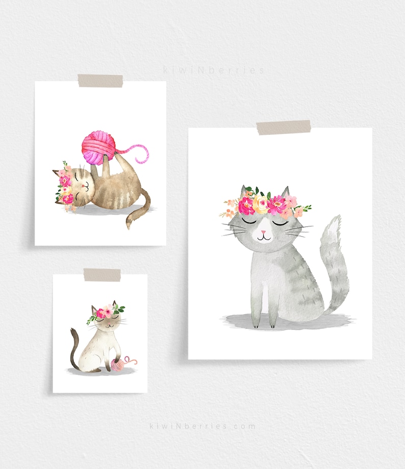 Cute Cat Prints, Set of 4 Prints, Watercolor Art, Digital Printable, Cat Posters, Girl Room Decor, Nursery Cat Lovers, Fun Art Prints image 4