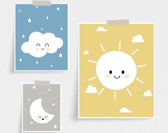 Nursery Weather art prints, Sun moon cloud art, Printable climate for kids, Color Block decor, Yellow blue gray, Climate posters kids