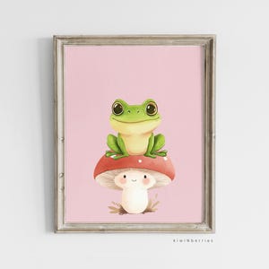 Impresión de rana verde linda, decoración de Cottagecore, arte de pared inspirado en la naturaleza, carteles para niñas, arte rosa imprimible, divertido, alegre y estimulante