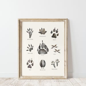 Woodland Tracks Druck, druckbares Camping Poster, Waldtiere Pfotenabdrücke, Jungenzimmerbehänge, Kunstwerk zum Einrahmen, DIY-Dekor