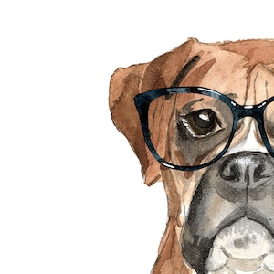 May include: A watercolour painting of a brown and white boxer dog wearing black-rimmed glasses and a black bow tie. The dog is looking directly at the viewer.
