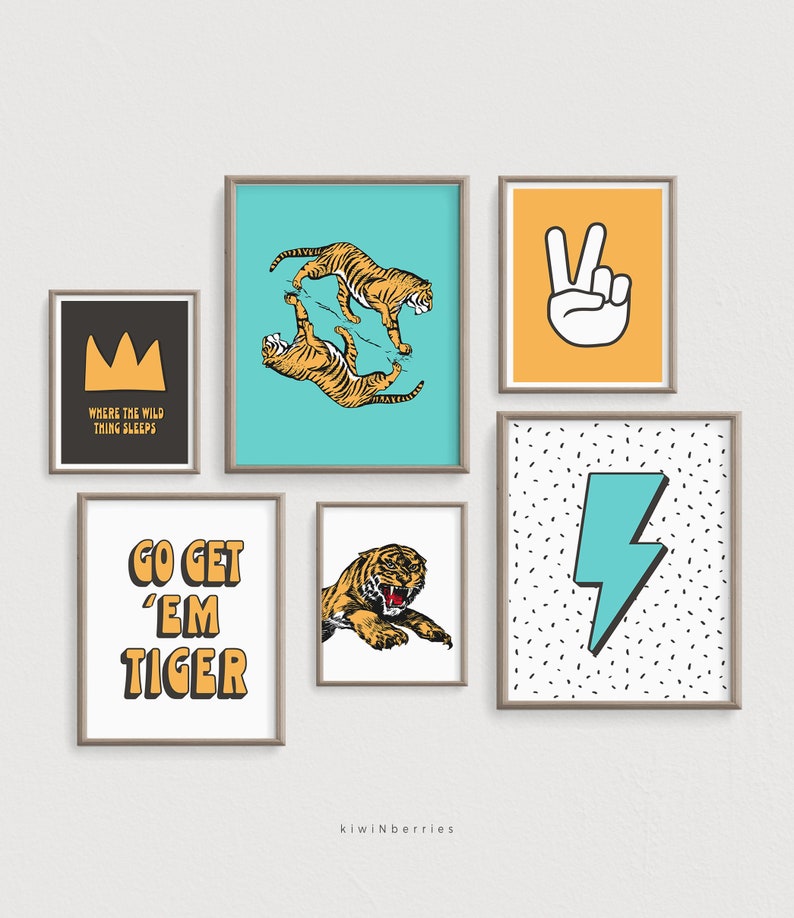 Boys Room Decor, Play Room Wall Art, Aqua Orange, Tiger Printable Art