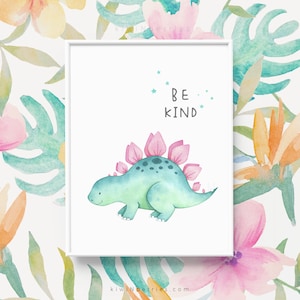 Stegosaurus Print, Be kind, Dinosaur Prints for Girls, Pink watercolor Dinosaur,Dinosaur art prints,Dinosaurs for girls,Girls room decor DIY