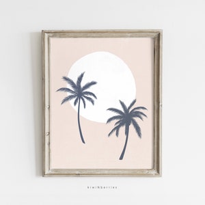 Estampa de Sol e Palmeiras, Arte Rosa Blush, Vibrações de Ilha de Praia Tropical, Estampas Preppy, Adolescentes, Palmeira Rosa Suave