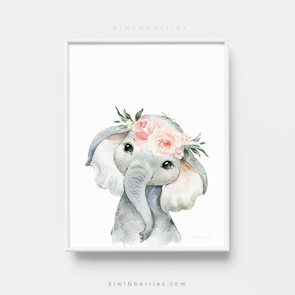 Baby Elephant print, Nursery decor, Nursery wall art, BAby girl nursery art,Nursery art prints, Printable art,Baby animals,Pink rose flowers